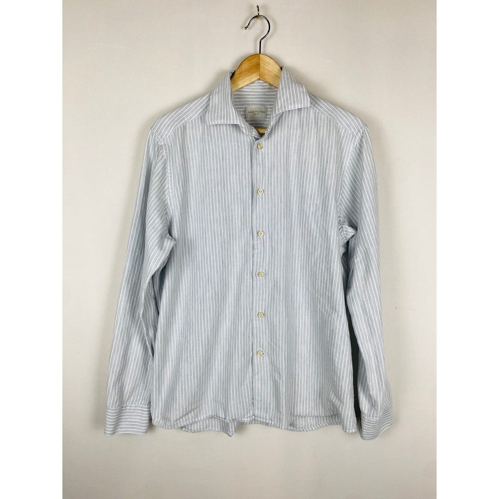 Jack Victor Mens Blue White Striped Cotton Long Sleeve Button Down Shirt Large